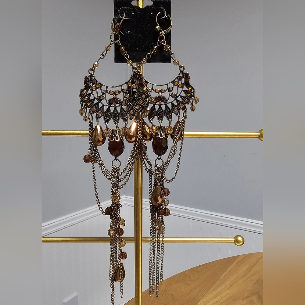 Boho Bronze & Amber Chandelier Earrings – Statement Festival Style